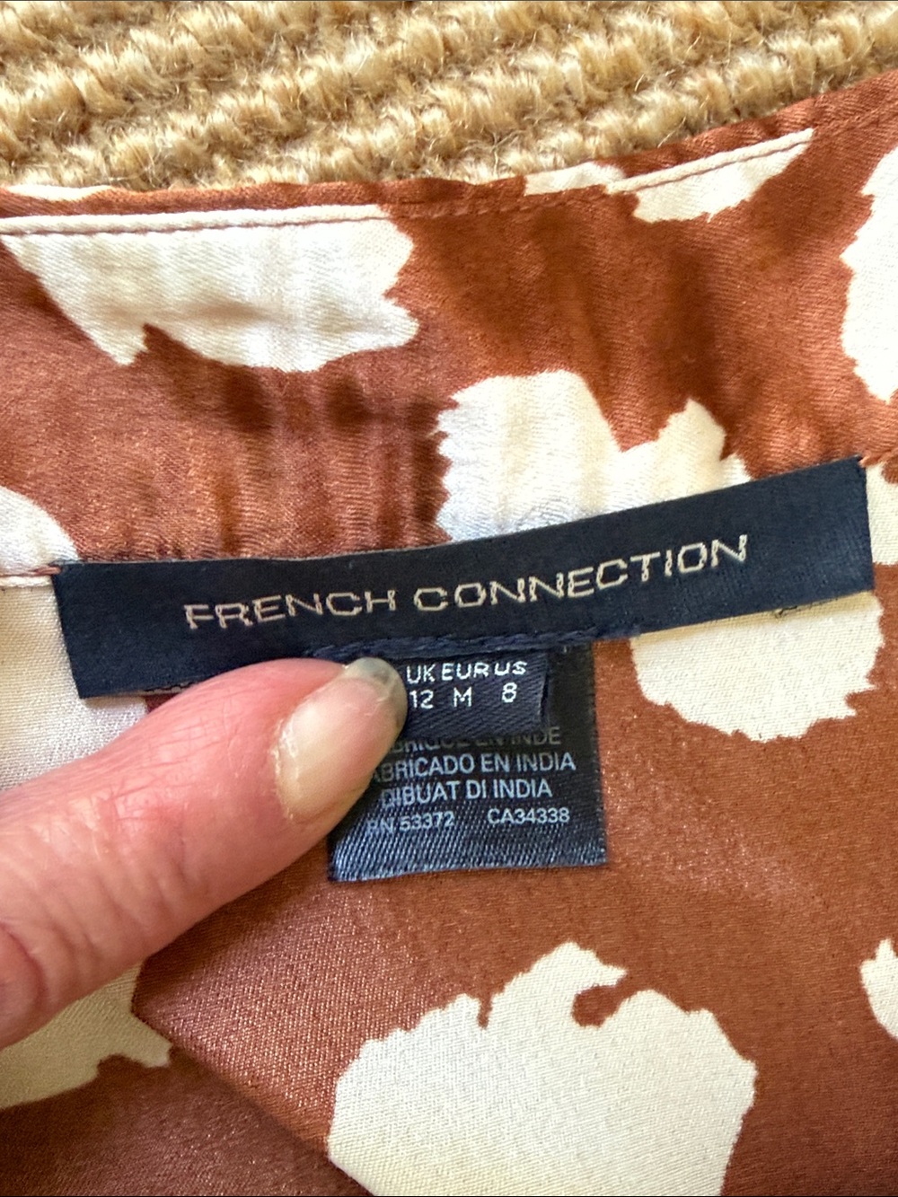 French Connection Tiered Satin Midi Skirt Brown w/ Cream Abstract Dot Print - Picture 2 of 4